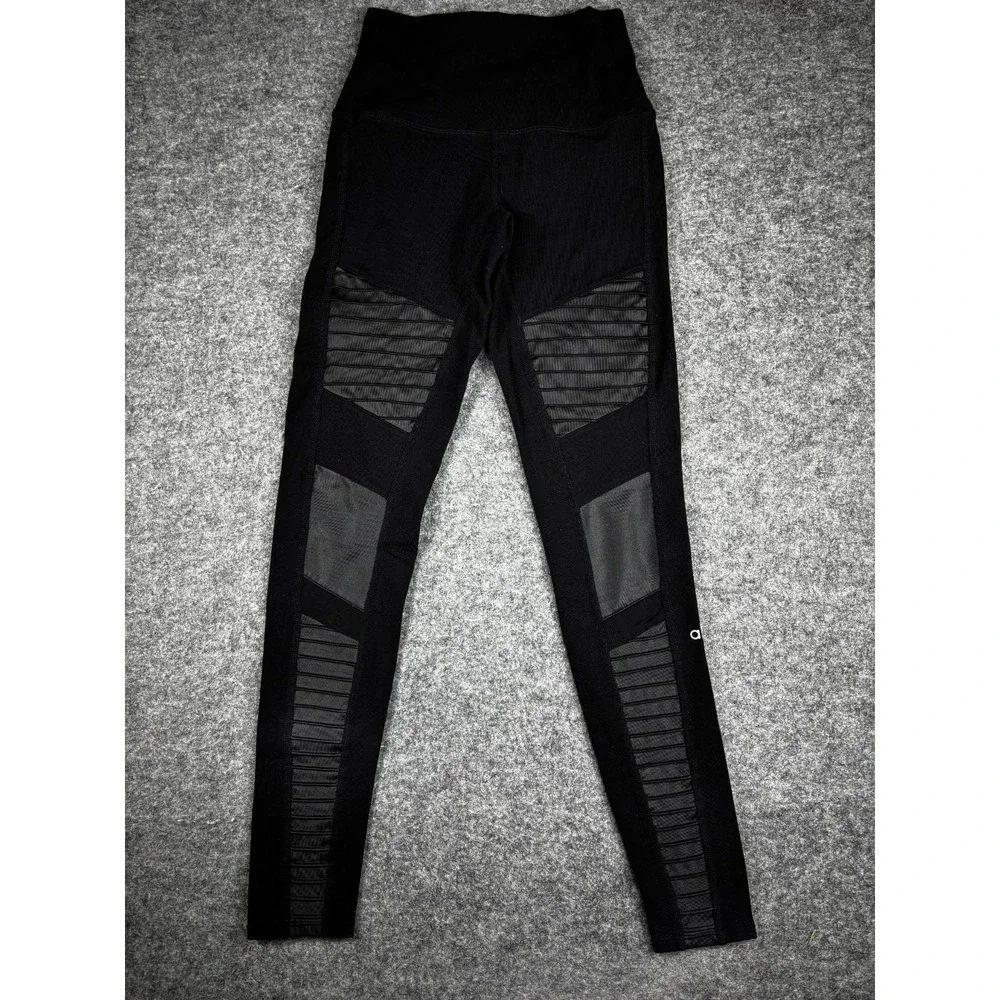 Alo Yoga Moto Leggings Women's XS Black High Waist Mesh Panel 7/8 Athleisure